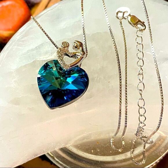 Mother Child Heart of the Ocean Crystal Sterling Silver Necklace - Picture 3 of 6